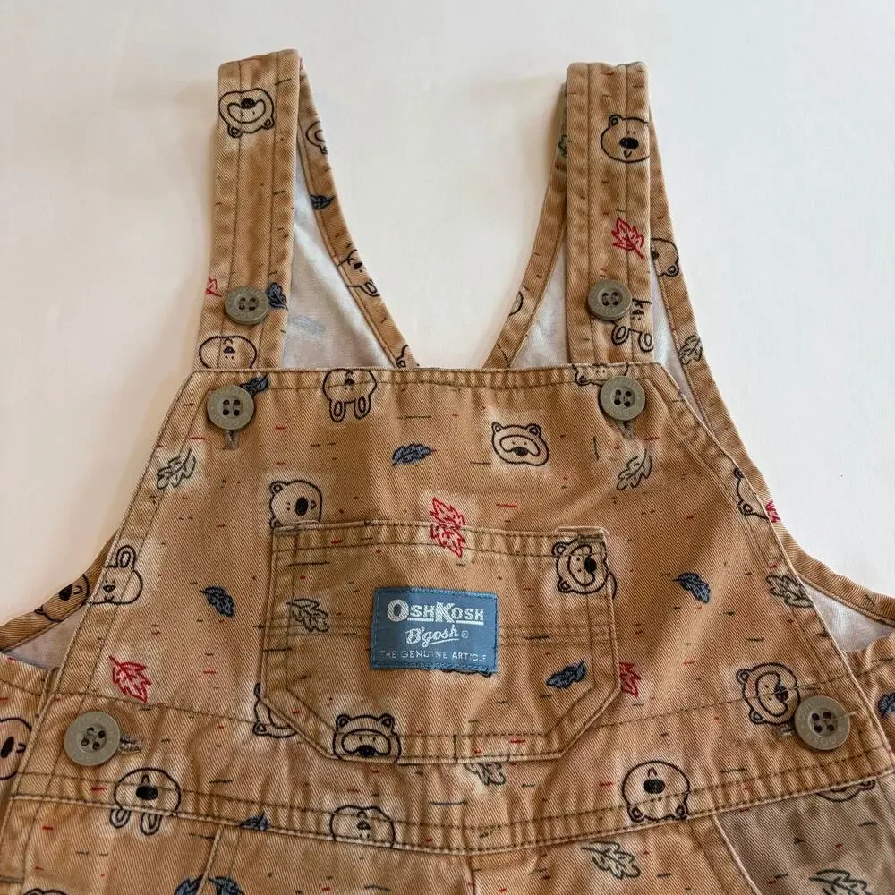 Vintage 2000s Oshkosh Overalls Woodland Forest Animals Leafs Tan Print 24 Months